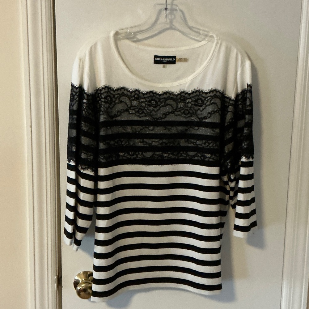 Karl Lagerfeld Black and White Striped Lace Blouse XL